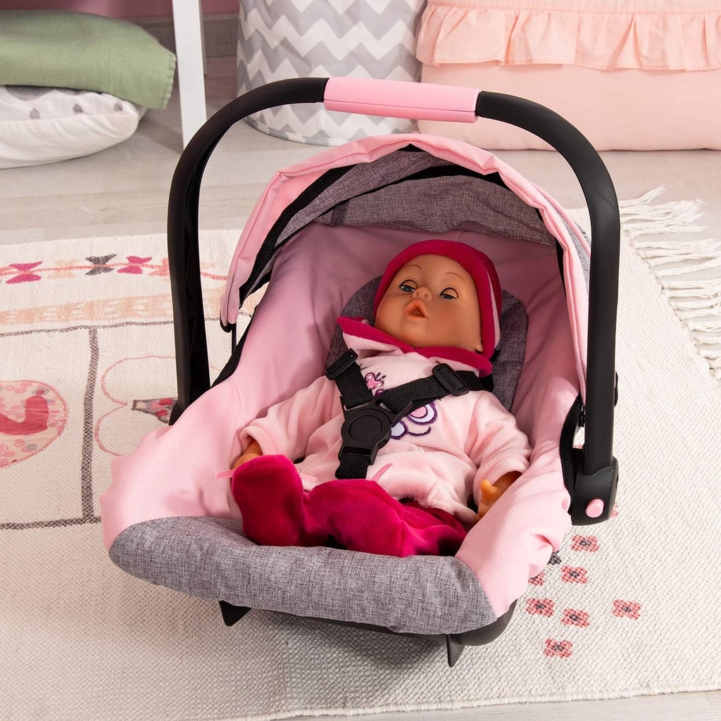 Bayer Design 67933AA Toy, Car Seat Easy Go for Neo Vario Pram with Cover, Doll Accessories, Pink, Grey with Butterfly,Grey/pink, for dolls up to 18"