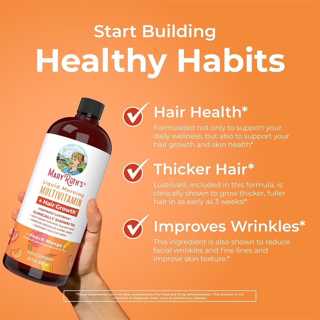 MaryRuth's Liquid Multivitamin + Lustriva® Hair Growth | Biotin 10000mcg | Vitamin D | B Vitamins | Clinically Tested for Thicker Hair, Wrinkles, Fine Lines, Skin Care | Ages 18+