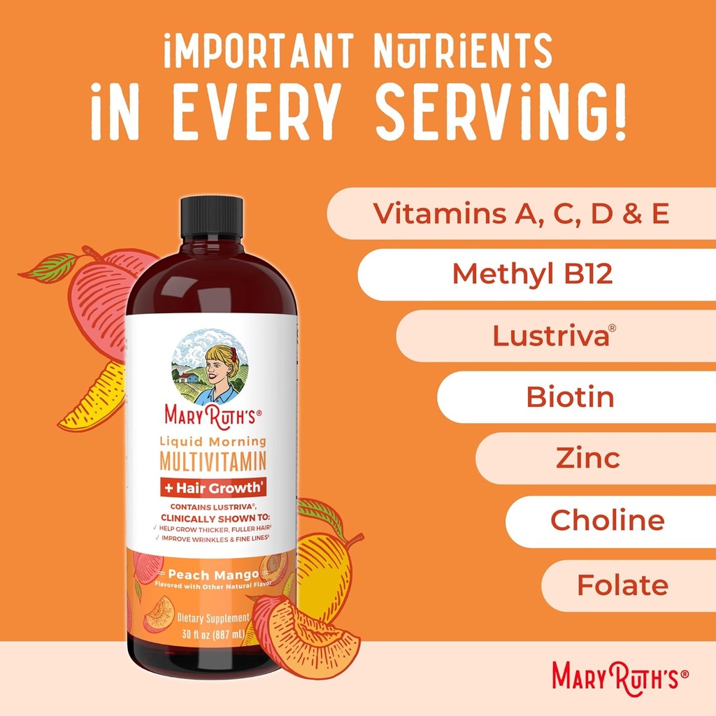 MaryRuth's Liquid Multivitamin + Lustriva® Hair Growth | Biotin 10000mcg | Vitamin D | B Vitamins | Clinically Tested for Thicker Hair, Wrinkles, Fine Lines, Skin Care | Ages 18+