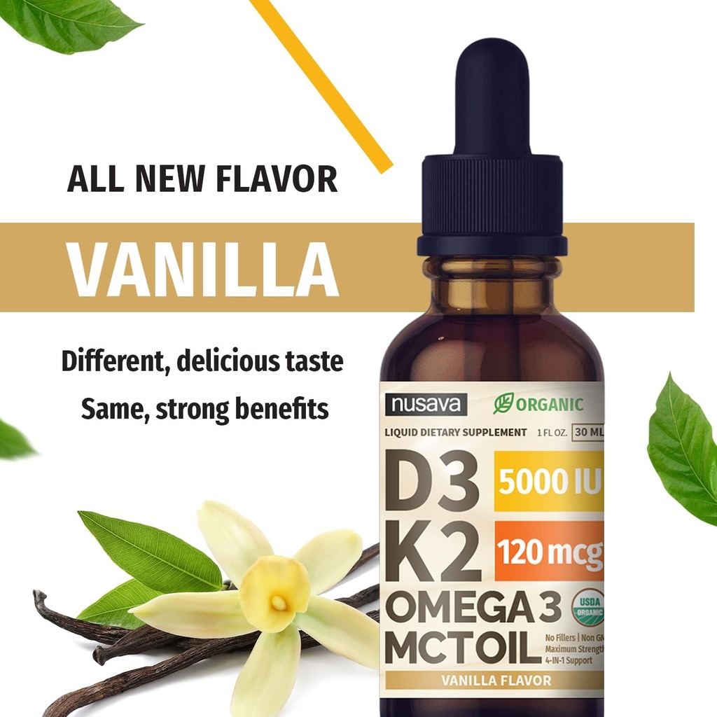 Organic Vitamin D3 K2 Drops w MCT Oil Omega 3, Maximum Strength, 5000 IU, No Fillers, Non-GMO Liquid D3 for Faster Absorption