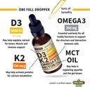Organic Vitamin D3 K2 Drops w MCT Oil Omega 3, Maximum Strength, 5000 IU, No Fillers, Non-GMO Liquid D3 for Faster Absorption