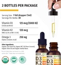 Organic Vitamin D3 K2 Drops w MCT Oil Omega 3, Maximum Strength, 5000 IU, No Fillers, Non-GMO Liquid D3 for Faster Absorption