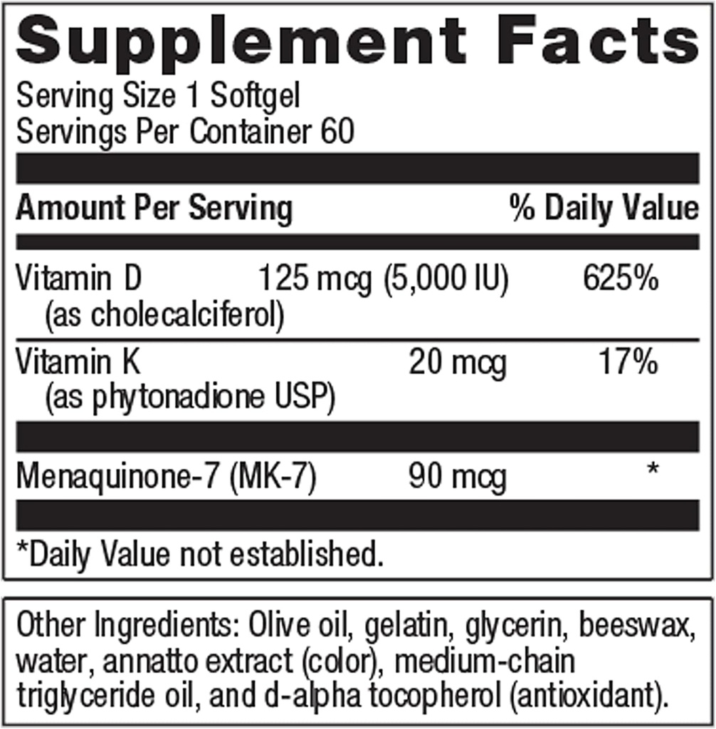 Metagenics Vitamin D3 + K - for Immune Support, Bone Health & Heart Health* - Vitamin D with MK-7 (Vitamin K2) - Non-GMO - Gluten-Free - 60 Softgels