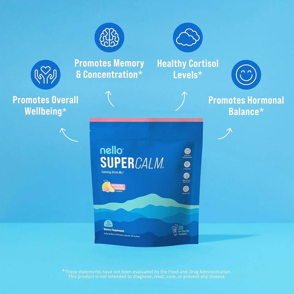 Nello Supercalm Powdered Drink Mix, Raspberry Lemonade, L Theanine, Ksm-66 Ashwagandha, Magnesium Glycinate, Vitamin D 3, Supplements for Relaxation & Focus