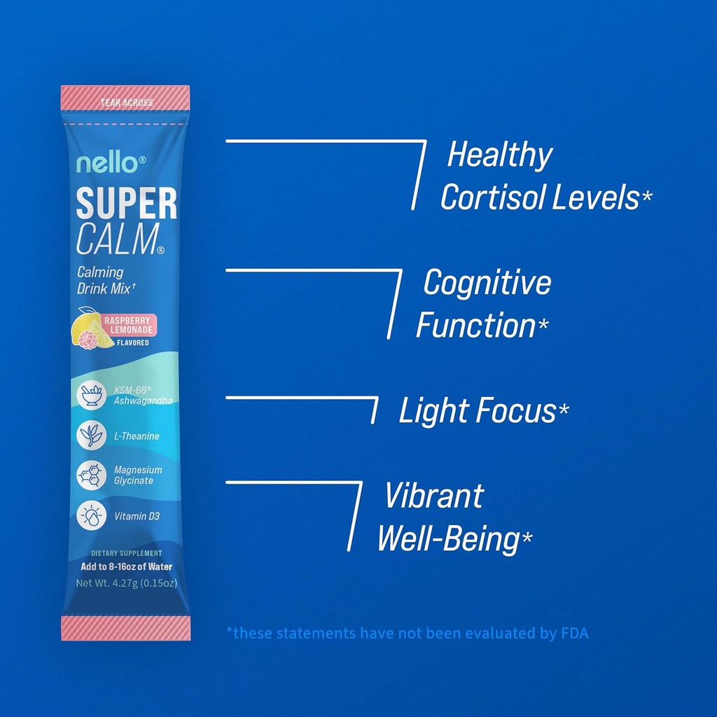 Nello Supercalm Powdered Drink Mix, Raspberry Lemonade, L Theanine, Ksm-66 Ashwagandha, Magnesium Glycinate, Vitamin D 3, Supplements for Relaxation & Focus