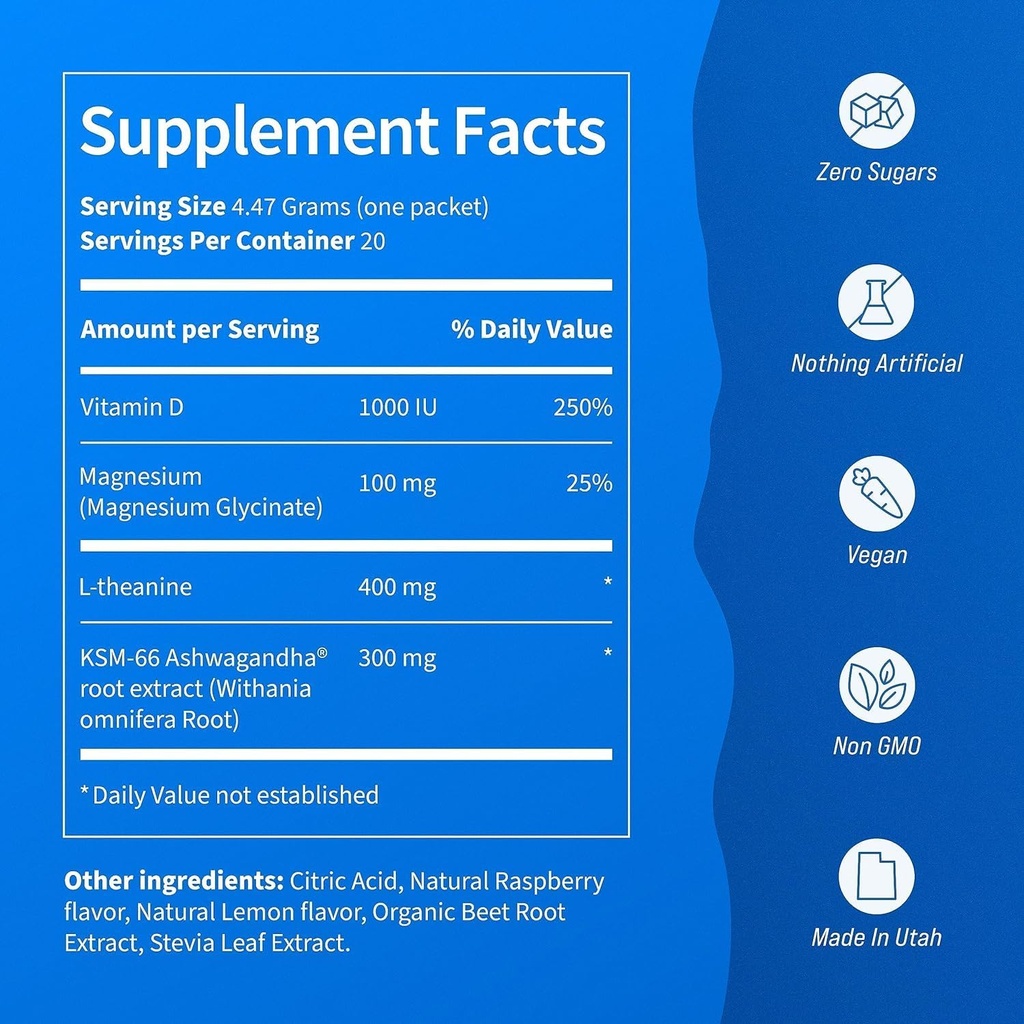 Nello Supercalm Powdered Drink Mix, Raspberry Lemonade, L Theanine, Ksm-66 Ashwagandha, Magnesium Glycinate, Vitamin D 3, Supplements for Relaxation & Focus