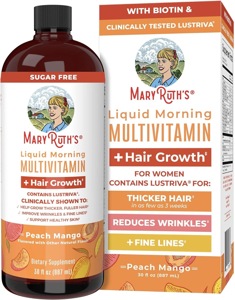 MaryRuth's Liquid Multivitamin + Lustriva® Hair Growth | Biotin 10000mcg | Vitamin D | B Vitamins | Clinically Tested for Thicker Hair, Wrinkles, Fine Lines, Skin Care | Ages 18+