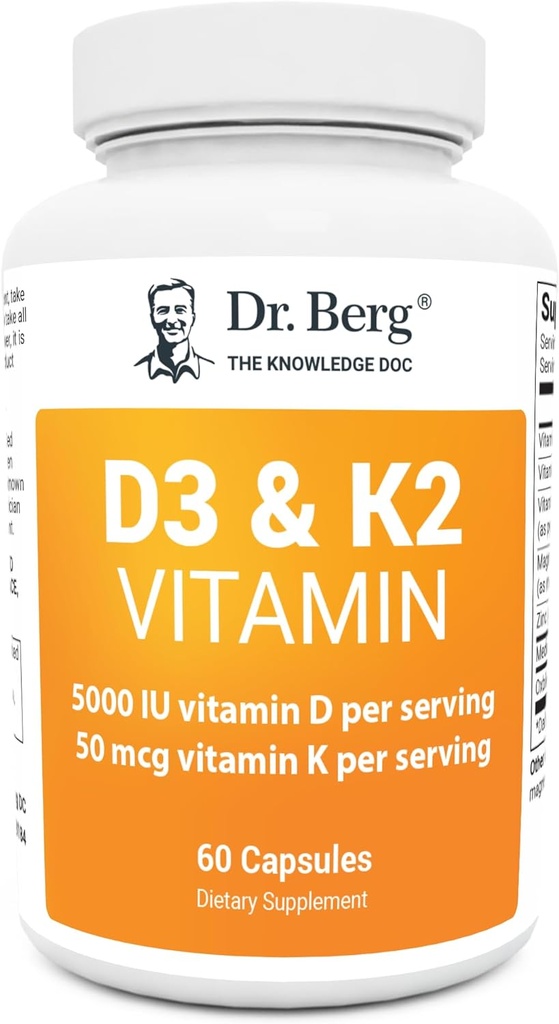 Dr. Berg D3 K2 Vitamin 5000 IU w/MCT Powder - Includes 50 mcg MK7 Vitamin K2, Purified Bile Salts, Zinc & Magnesium for Ultimate Absorption - K2 D3 Vitamin Supplement