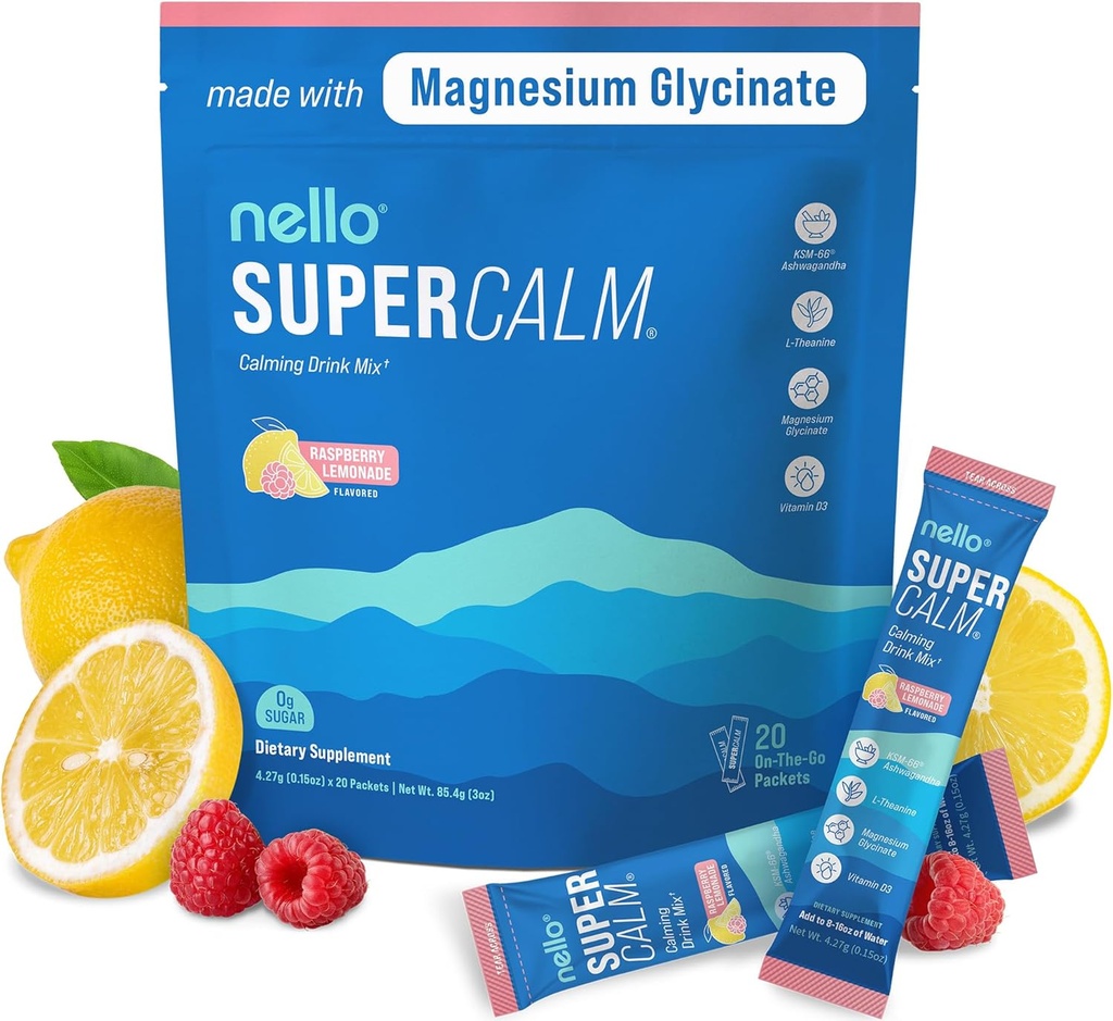 Nello Supercalm Powdered Drink Mix, Raspberry Lemonade, L Theanine, Ksm-66 Ashwagandha, Magnesium Glycinate, Vitamin D 3, Supplements for Relaxation & Focus